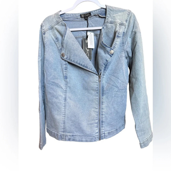 Diane Gilman Collarless Stretch Comfy Light Wash Denim Moto Jean/Jacket … - Picture 2 of 12